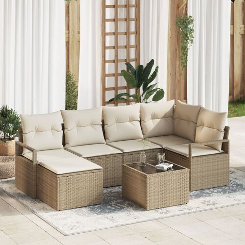 Ensemble de 7 pièces de canapés de jardin avec coussins en rotin synthétique marron, Canapé de jardin 2 places avec coussins en rotin synthétique beige