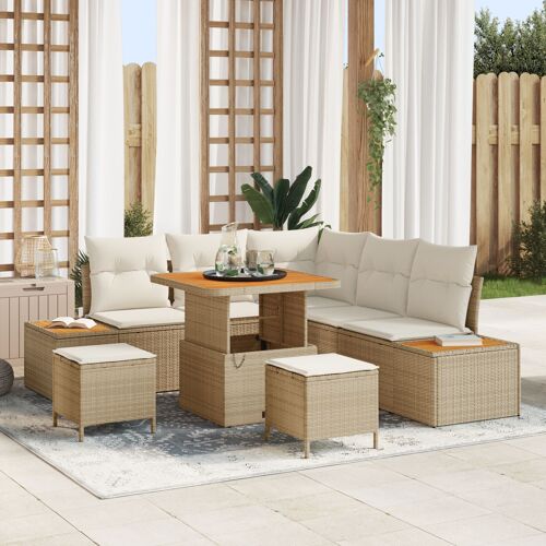Ensemble De Sofa De Jardin 8 Pièces Avec Coussins Beige Poly Rattan Acacia, Ensemble De Salle À Manger De Jardin 3 Pièces Avec Coussins Beige Poly Rattan Acacia