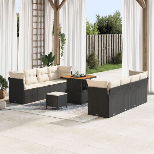 Ensemble De Sofa De Jardin 11 Pièces Avec Coussins Noir Poly Rotin Acacia, Ensemble De Salle À Manger De Jardin 3 Pièces Avec Coussins Noir Poly Rotin Acacia