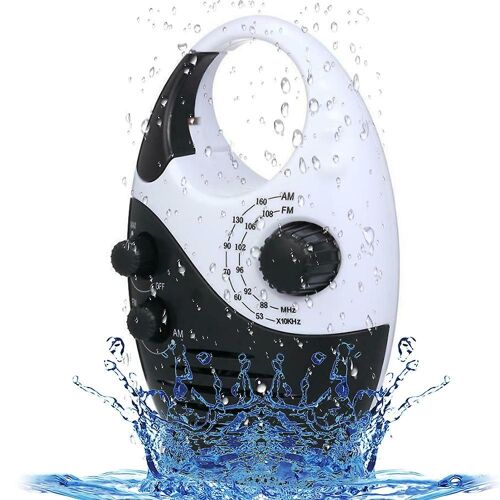 Radio de douche étanche AM/FM compacte avec poignée de suspension, noir et bleu, fonctionne sur piles 3 V