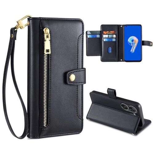Étui portefeuille en cuir ASUS Zenfone 9 - Texture mouton,bandoulière,noir noir