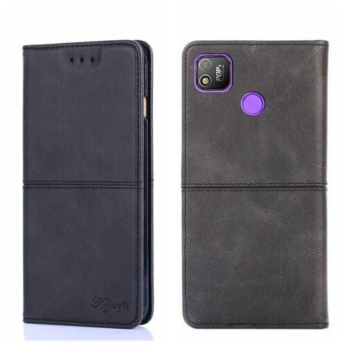 Coque de téléphone en cuir Tecno Pop 4 - Texture vache,rabat magnétique,noir noir