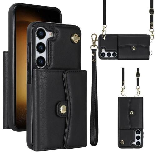 Coque de téléphone en cuir Samsung Galaxy S23+ 5G - Fente pour carte RFID,lanière,noir noir