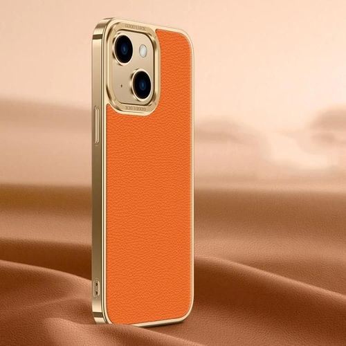 Coque De Téléphone En Cuir Véritable - Texture Litchi Pour Iphone 14/13,Orange Orange