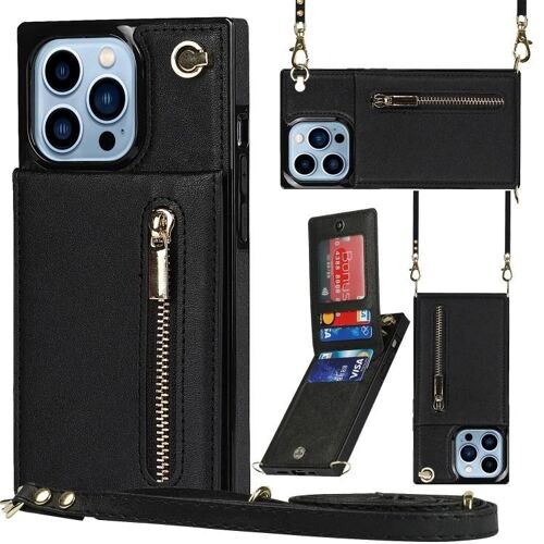 Étui à bandoulière à fermeture éclair pour iPhone 13 Pro Max - Noir avec support Noir