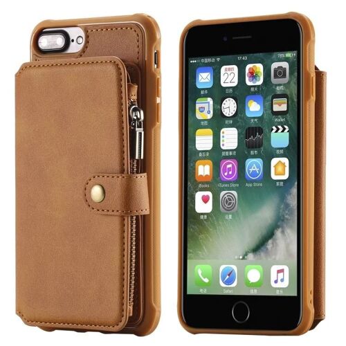 Coque Zippée Pour Iphone 7 Plus / 8 Plus - Antichoc,Portefeuille,Fentes Pour Cartes,Marron Marron
