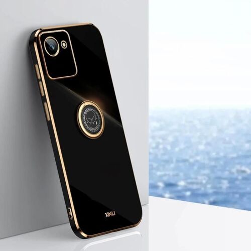 Coque de téléphone Realme C30 TPU - 6D Electroplate,bord droit,support d'anneau,noir noir
