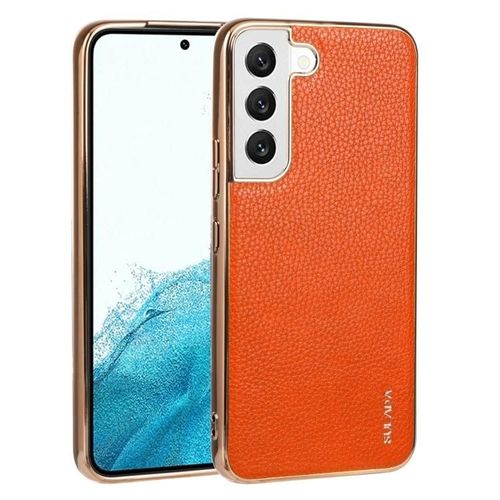 Coque Samsung Galaxy S22 5g - Tpu Antichoc Et Cuir Fait Main,Orange Orange
