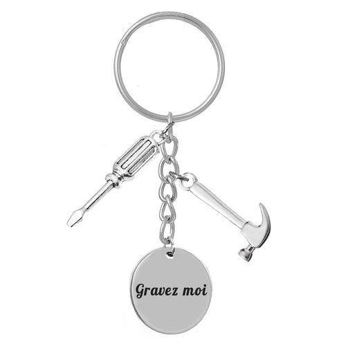 Porte-Clés Bricoleur Outils Marteau Tourne Vis Argenté Gravure Personnalisée Sur Médaille
