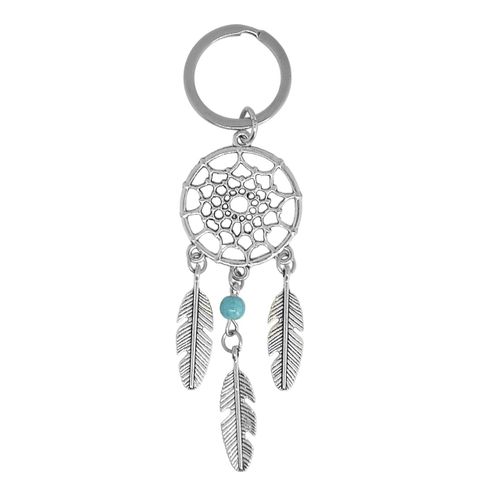 Porte-Clés Attrape-Rêves 3 Plumes Avec Perle Bleu Turquoise Argenté