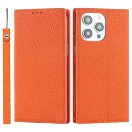 Coque Iphone 14 Pro Max - Cuir Véritable,Texture Litchi,Orange Orange