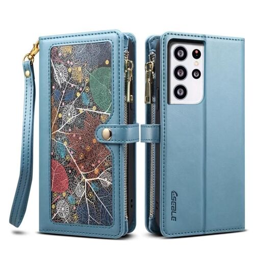 Samsung Galaxy S21 Ultra 5G Étui en cuir - Portefeuille zippé RFID,Cordon,Bleu Bleu