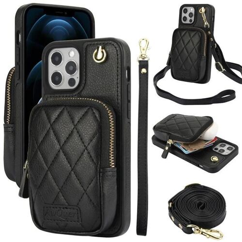 Sac portefeuille bandoulière - Coque de téléphone en cuir litchi pour iPhone 12 Pro Max - AwQuer Noir