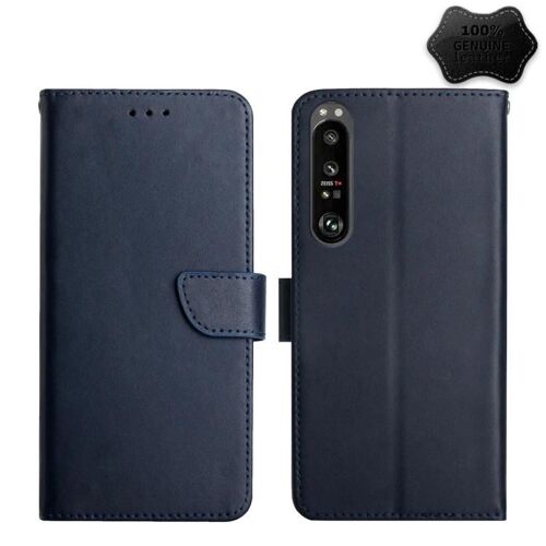 Étui à clapet Sony Xperia 1 III - Cuir véritable,résistant aux empreintes digitales,bleu bleu