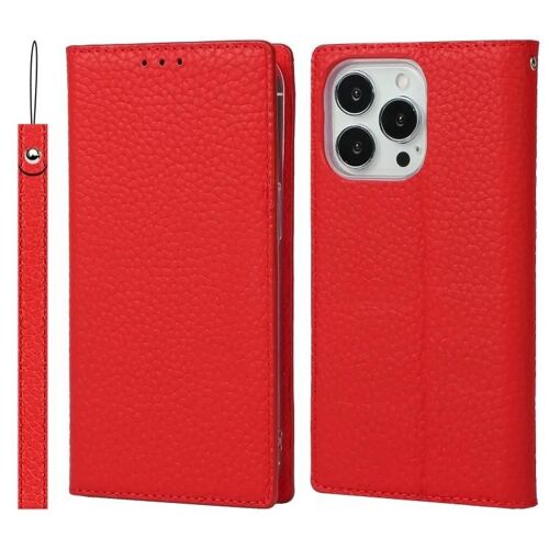 Étui en cuir pour iPhone 13 Pro Max - Texture litchi,portefeuille,cordon,fentes pour cartes,rouge