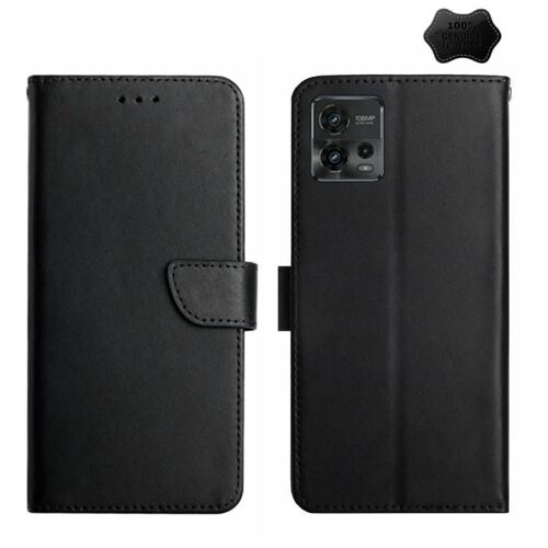 Étui à rabat Motorola Moto G72 4G - Cuir véritable,résistant aux empreintes digitales,noir noir