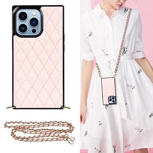 Coque bandoulière pour iPhone 14 Pro - Cuir microfibre rhombique rose par SUNSKY Pink