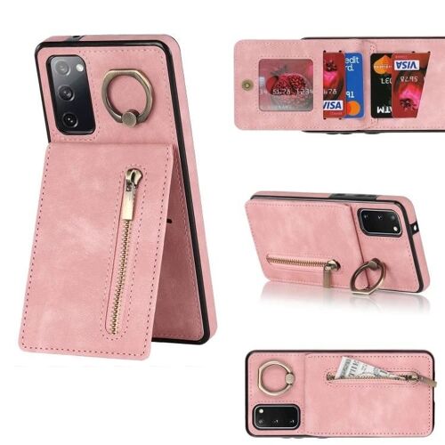 Coque de téléphone Samsung Galaxy S20 - Anneau rétro,fermeture éclair,fente pour carte RFID,rose rose