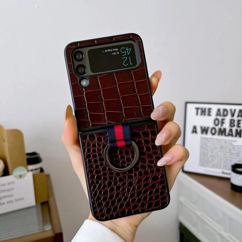 Coque de téléphone en cuir texture crocodile pour Samsung Galaxy Z Flip4 - Bague,Café Café