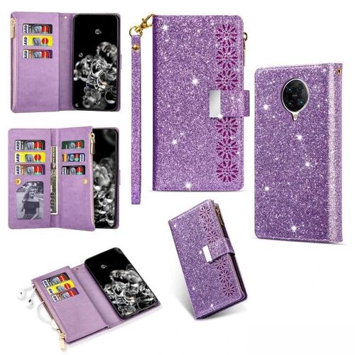 Étui en cuir Xiaomi Redmi K30 Pro - Fentes pour plusieurs cartes,fermeture éclair,lanière,violet violet