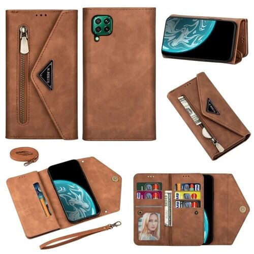 Etui en cuir pour Huawei P40 Lite - Fermeture éclair à rabat (fermeture éclair),fentes pour cartes,cordon de longe,marron marron
