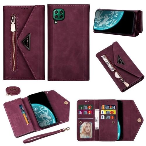 Huawei P40 Lite Étui en cuir - Fermeture éclair à rabat (fermeture éclair,fentes pour cartes,cordon de longe,vin rouge,vin rouge