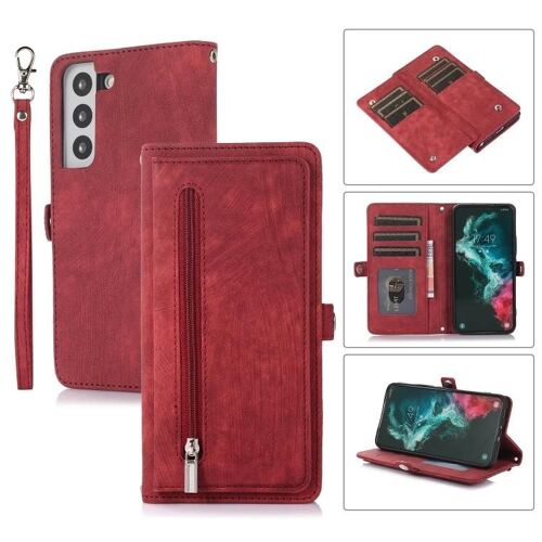 Samsung Galaxy S22 5G Étui portefeuille - Emplacement pour carte à fermeture éclair,Cuir,Rouge rouge