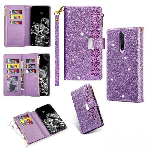 Étui en cuir Xiaomi Redmi K30 - Fentes pour plusieurs cartes,fermeture éclair scintillante,violet violet