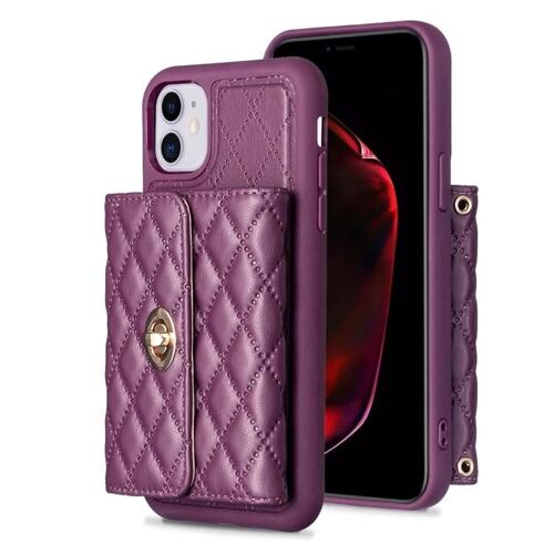 Étui portefeuille pour iPhone 11 - Boucle horizontale en métal,Cuir rhombique,Violet foncé Violet foncé