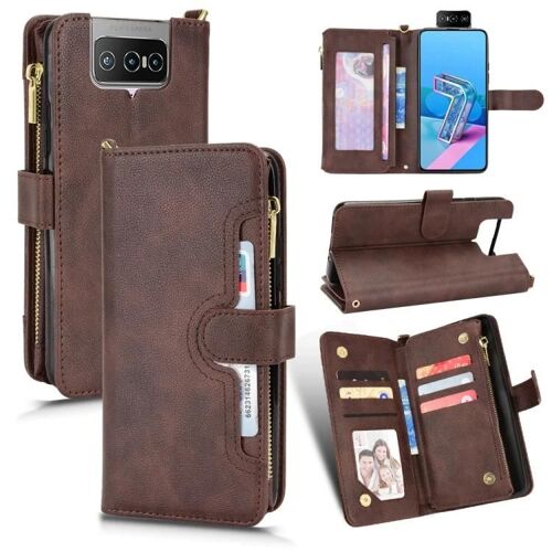 Étui Asus Zenfone 7 Pro - Texture Litchi Marron Fermeture Éclair Couverture En Cuir Marron