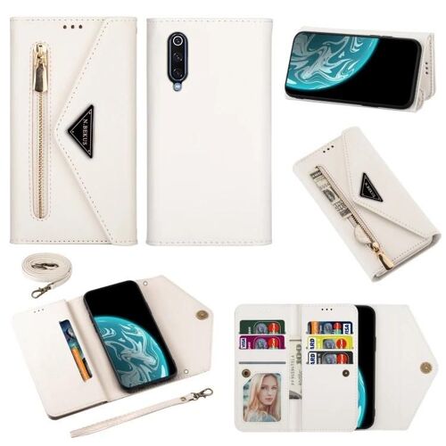 Étui en cuir Xiaomi Mi 9 - Fermeture éclair à rabat ,Fentes pour cartes,Cordon,Blanc blanc