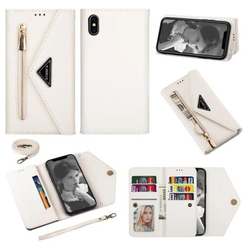 Étui en cuir pour iPhone XS Max - Fermeture éclair à rablot,Fentes pour cartes,Cordon,Blanc