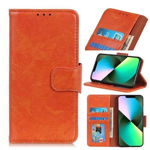 Coque En Cuir Pour Iphone 14 - Texture Nappa,Couleur Orange,Orange De Qualité Supérieure