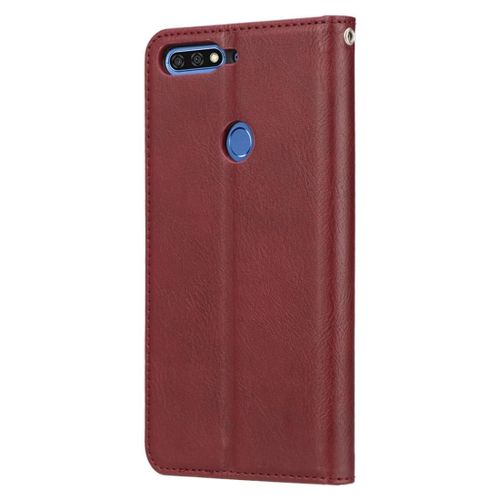 Étui En Cuir À Texture De Peau Pétrie Pour Huawei Y7 Prime 2018 - Portefeuille,Cadre Photo,Fentes Pour Cartes,Vin Rouge Vin Rouge
