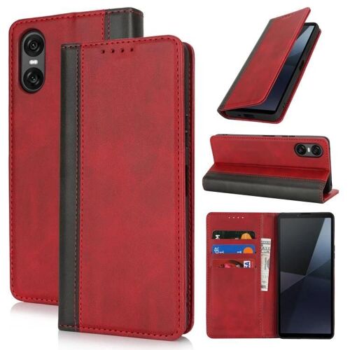 Coque de téléphone en cuir de couleur de couture de couleur de texture de veau pour Sony Xperia Pro-I rouge noir