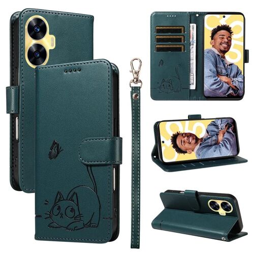 SATURCASE Coque pour Realme C55, Chat Mignon PU Cuir Magnétique Flip Portefeuille Support Porte-Carte Dragonne Protecteur Housse Étui pour Realme C55 (ZC-Vert foncé)