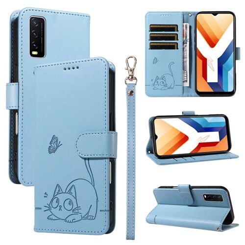 SATURCASE Coque pour Vivo Y11S Y12A Y12S Y20 Y20A Y20S Y20i Y20G, Chat Mignon PU Cuir Magnétique Flip Portefeuille Support Porte-Carte Dragonne Protecteur Housse Étui (ZC-Bleu)