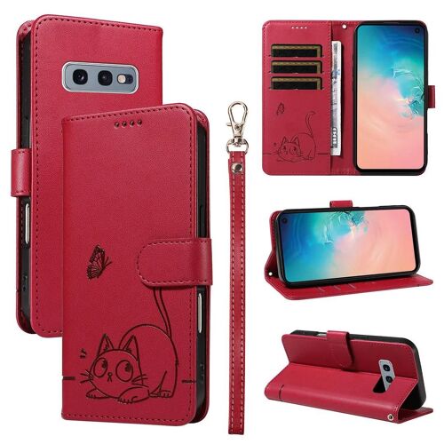 SATURCASE Coque pour Samsung Galaxy S10e, Chat Mignon PU Cuir Magnétique Flip Portefeuille Support Porte-Carte Dragonne Protecteur Housse Étui pour Samsung Galaxy S10e (ZC-Rouge)