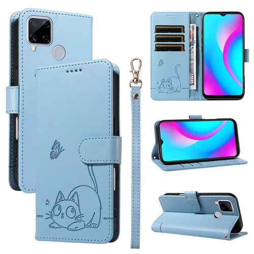 SATURCASE Coque pour Realme C12 C15 C25, Chat Mignon PU Cuir Magnétique Flip Portefeuille Support Porte-Carte Dragonne Protecteur Housse Étui pour Realme C12 C15 C25 (ZC-Bleu)