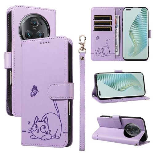 SATURCASE Coque pour Honor Magic 5 Pro, Chat Mignon PU Cuir Magnétique Flip Portefeuille Support Porte-Carte Dragonne Protecteur Housse Étui pour Honor Magic 5 Pro (ZC-Violet)
