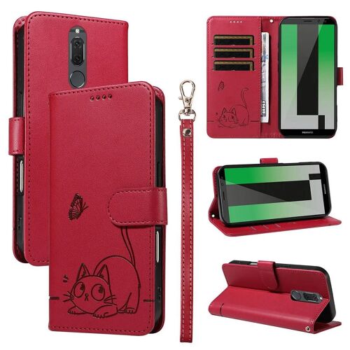SATURCASE Coque pour Huawei Mate 10 Lite, Chat Mignon PU Cuir Magnétique Flip Portefeuille Support Porte-Carte Dragonne Protecteur Housse Étui pour Huawei Mate 10 Lite (ZC-Rouge)