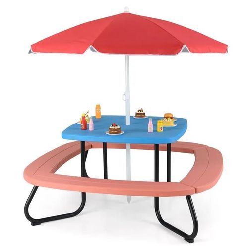 Costway Table De Pique-Nique Avec 4 Bancs Pour 8 Enfants- Parasol Réglable Et Pliable - Cadre Métallique 125 × 125 × 100-160cm Rouge