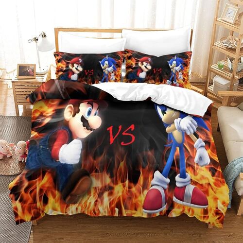 Sonic Contre Mario Parure Housse Couette X Cm Parure De Lit X Cm Doux Et Durable Microfibre Avec Taies D'oreiller Et Fermeture ¿¿Clair Pour Enfants Et Adultes