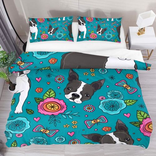 Parure De Lit Pi¿¿Ces Boston Terrier Et Beau Motif Floral - Housse De Couette Double Ultra Douce En Microfibre Avec Fermeture ¿¿Clair Et Taies D'oreiller Sham