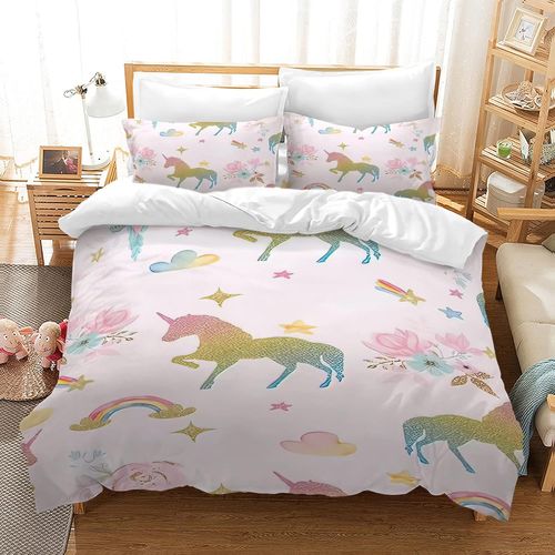 Housse De Couette Licorne Xcm Pour Enfant Fille Parure De Lit Licorne Personnes Avec Fermeture ¿¿Clair,Rose Licorne Housse De Couette + Taies