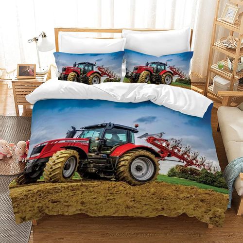 Housse De Couette Tracteur Parure De Lit Personnes Pi¿¿Ces Camions Pelleteuses Grues Housse De Couette Avec Fermeture Pour Enfant Adolescents (Rouge,