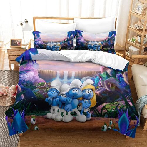 Smurfs Ensemble De Housse De Couette Imprim¿¿ D Avec Taie D'oreiller Zipp¿¿E Ensemble De Literie En Microfibre Douce Pour Enfants Adolescents Housse De