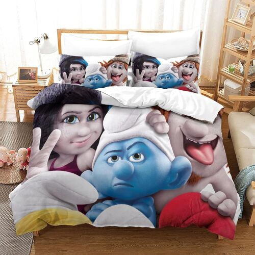 Smurfs Ensemble De Housse De Couette Imprim¿¿ D Avec Taie D'oreiller Zipp¿¿E Ensemble De Literie En Microfibre Douce Pour Enfants Adolescents Housse De