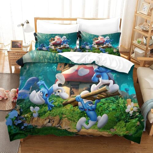 Smurfs Ensemble De Housse De Couette Imprim¿¿ D Avec Taie D'oreiller Zipp¿¿E Ensemble De Literie En Microfibre Douce Pour Enfants Adolescents Housse De