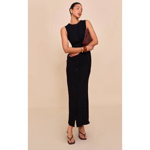 Robe Longue Texturée Noire Sans Manches À Boutons, Noir